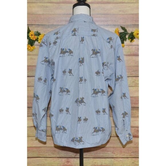 Vintage Rare Ladies 10 British Khaki Blue Pinstripe Button Down Shirt Polo Horse - Picture 6 of 9